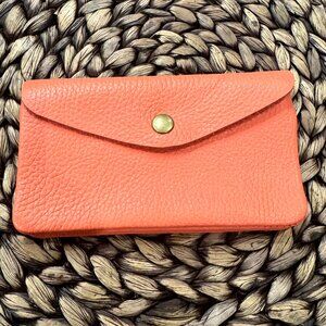 Italian Pebbled Leather Wallet Coin Purse Coral Orange Zip Pocket Excellent